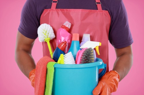Carpet cleaning team preparing equipment safely before work